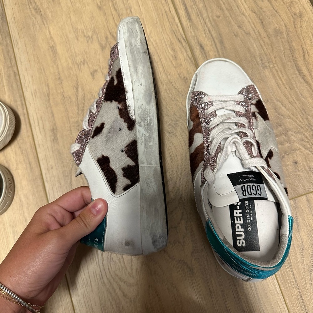 Golden Goose White Sneakers with Pink Glitter & Brown Cowprint - Picture 2 of 3